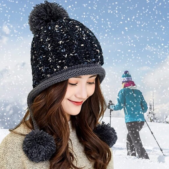 ? Huamulan Ear Flaps Sherpa Ski Women Black Peruvian Beanie Snow Pom Pom Hats main image 4